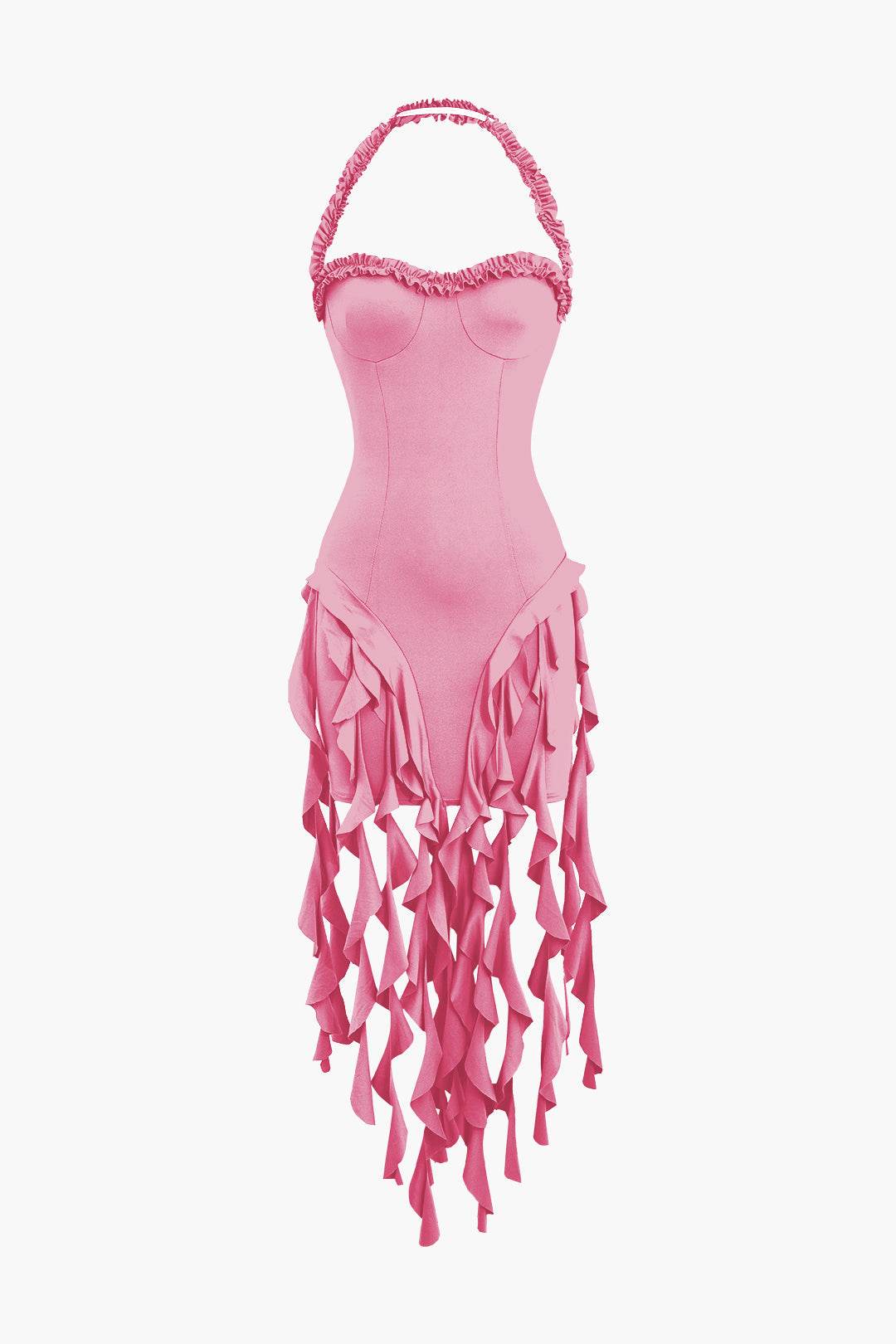 Ruffle Tassel Halter Bustier Mini Dress - REBECATHELABEL