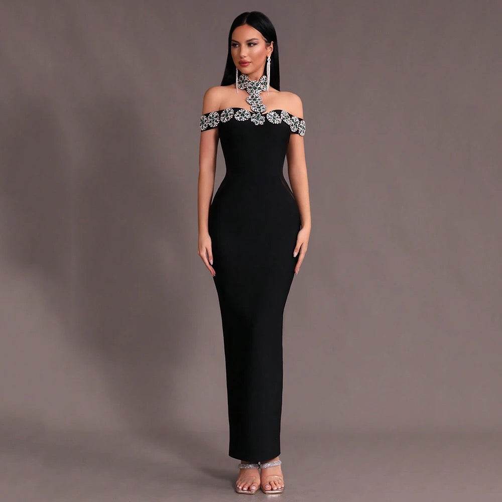 Off Shoulder Luxury Diamond Tight Long Bandage Dress - REBECATHELABEL