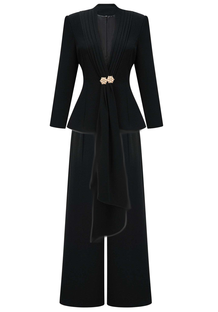 Long Sleeve Draped Detail Suit Black