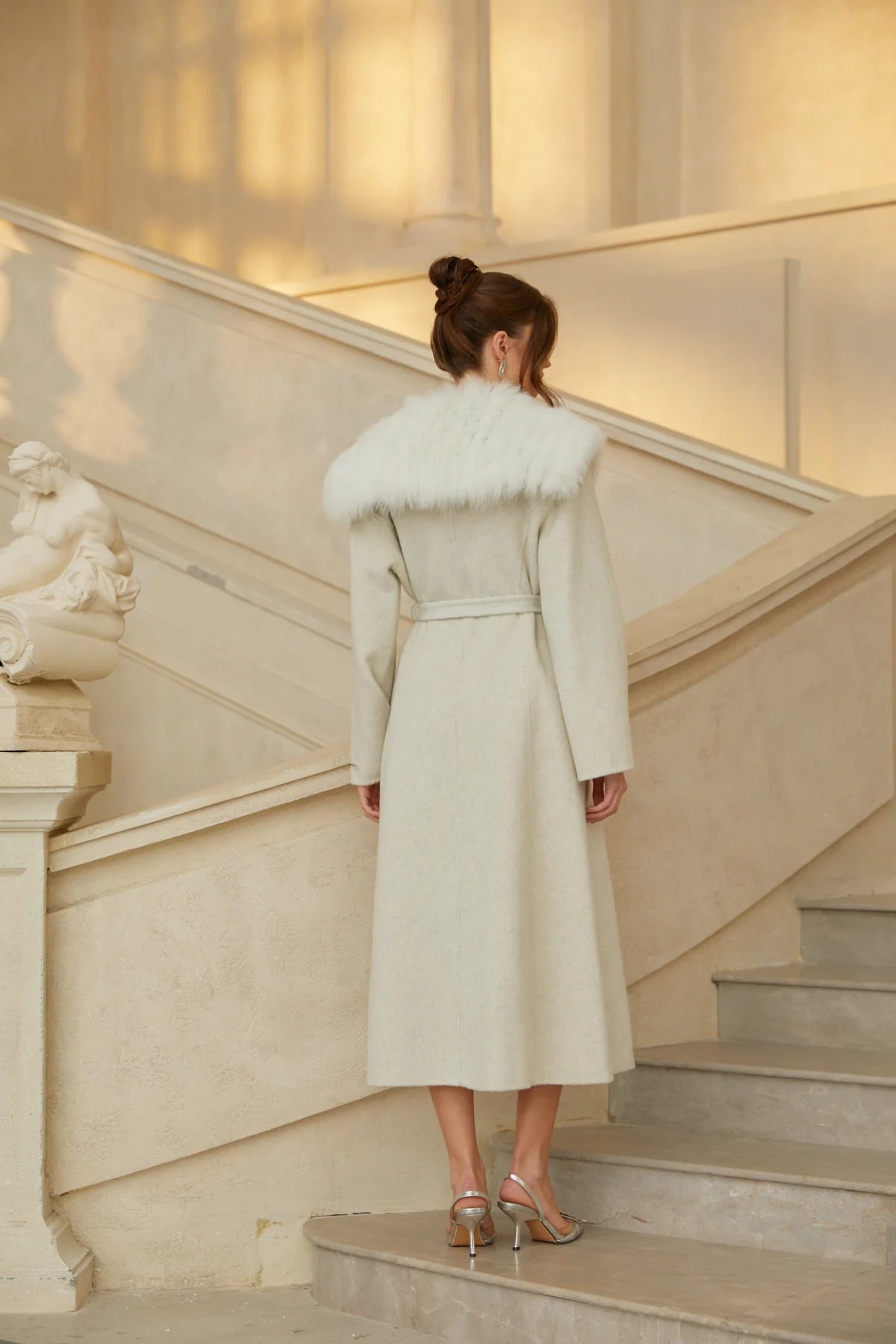 Off White Fur Lapel Long Wool Coat