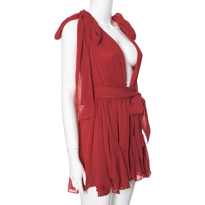 Low Cut Deep V Plunge Bare Back Tied Dress - REBECATHELABEL