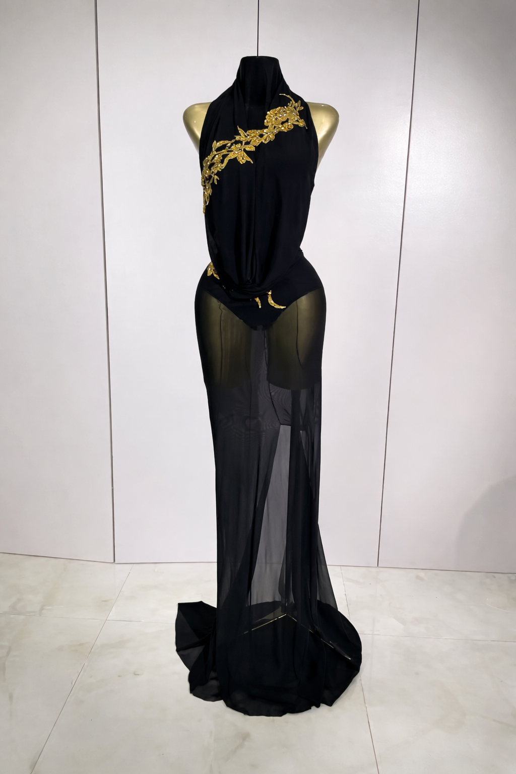 Sparkly Rhinestone Stretch Bodysuits Long Mesh Dress