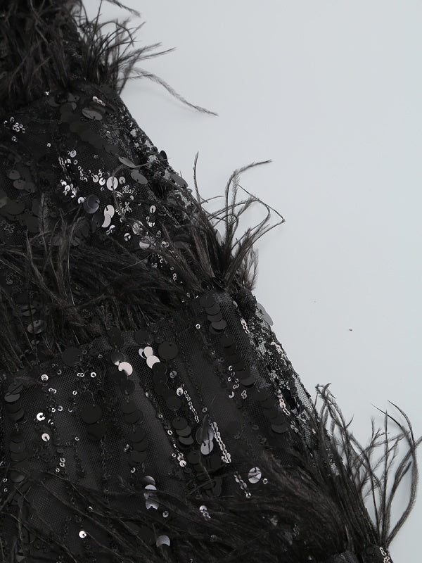 Sleeveless Feather Strapless Backless Sequin Maxi Dress