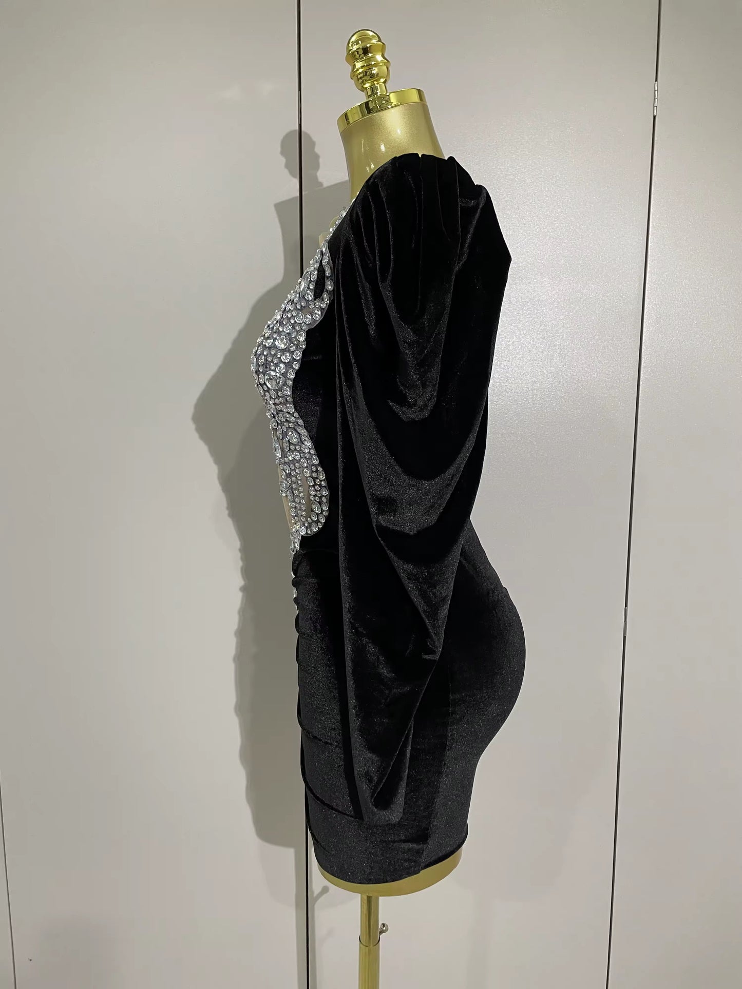 Sparkly Crystals Sexy Mesh Black Velvet Short Dress