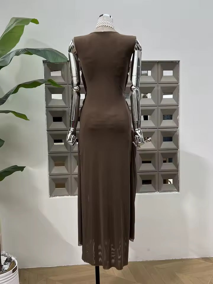 Mesh Folds Cross Weaving Design Bodycon Long Dress