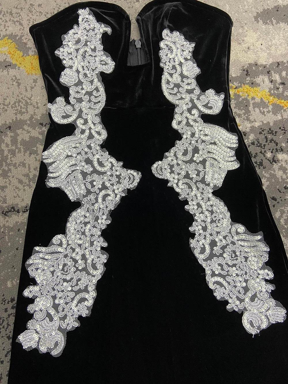 Velvet Sexy Strapless Lace Decoration V-neck Long dress - REBECATHELABEL