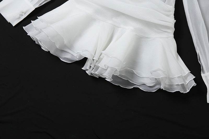 Polo Collar V Neck Flared Sleeves Voile Slim Fit Dress - REBECATHELABEL