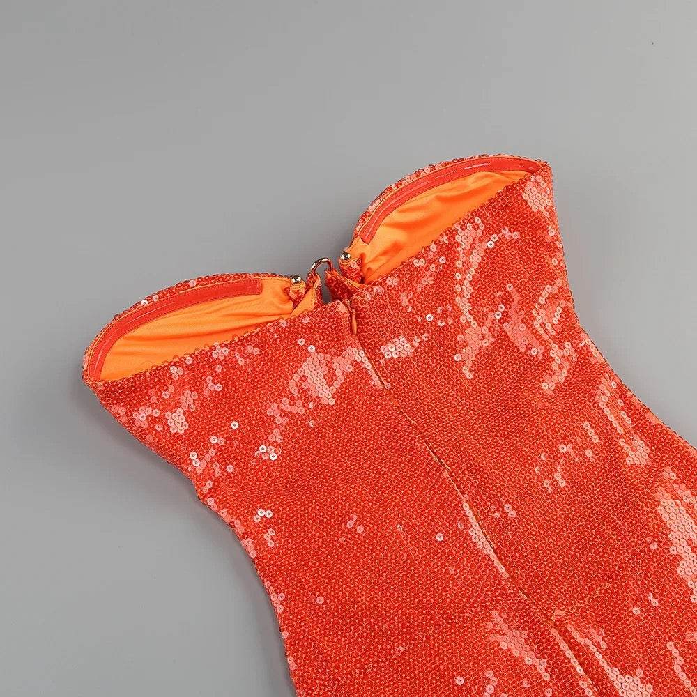 Strapless Orange Strapless Strapless Sequin Cut Out Tight Midi dress - REBECATHELABEL
