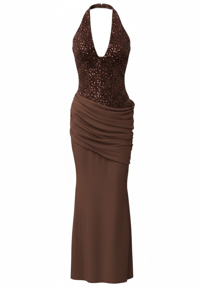Halter Sequin Corset Maxi Dress Brown
