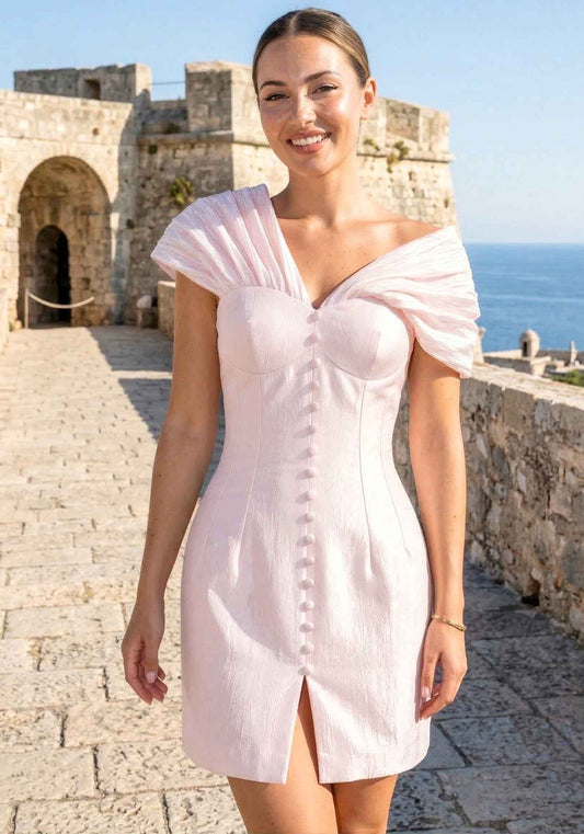 Draped One Shoulder Bardot Dress Blush Pink