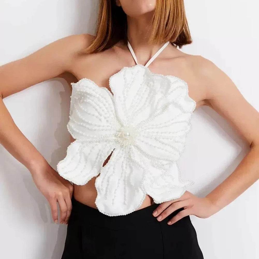 Handmade Beaded Flower Sexy Short Hanging Neck top - REBECATHELABEL
