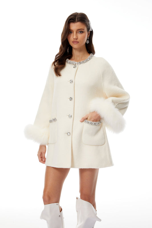 White Fur Trim Embellished Wool Coat