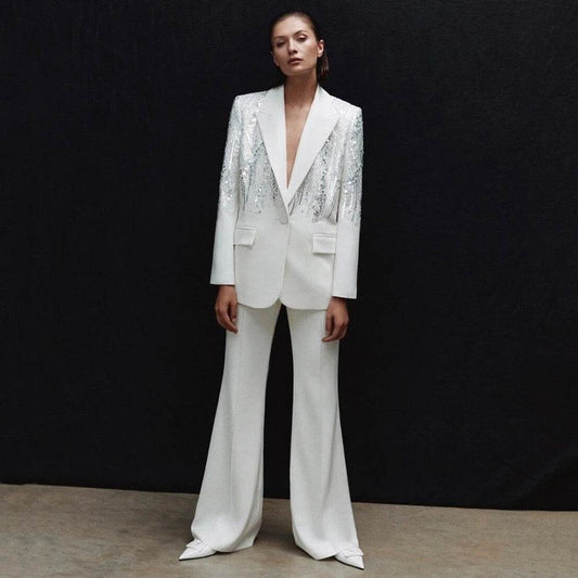 Diamond Two Piece Set with Polo Collar, Long Sleeves, Sparkling Blazer Wide Leg Pants - REBECATHELABEL