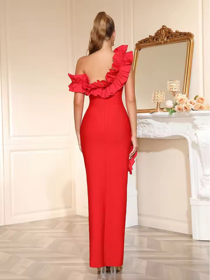 Off Shoulder Irregular Edible Tree Fungus Ruffles Bodycon Split Red Dress