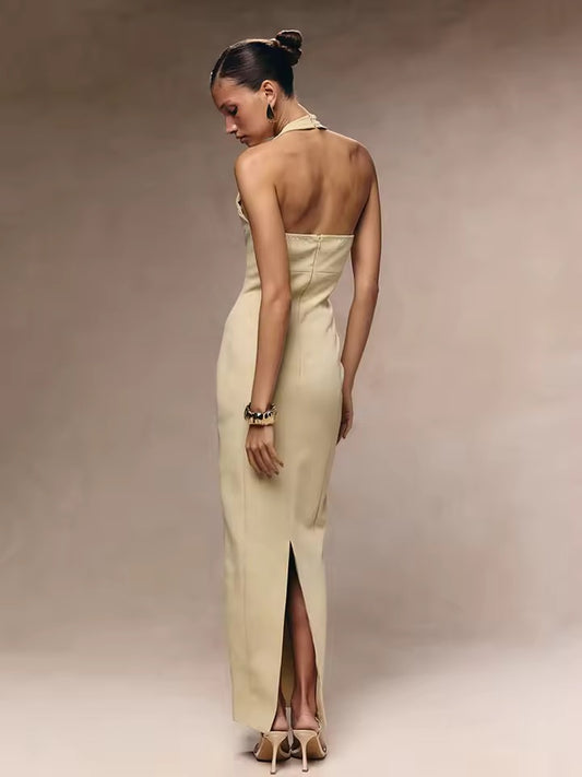 Halter Solid Button Maxi Dress