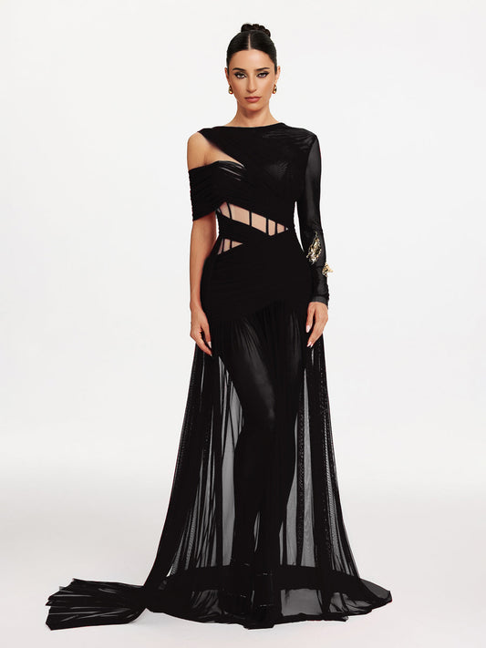Corset Cutout Mesh Maxi Dress In Black