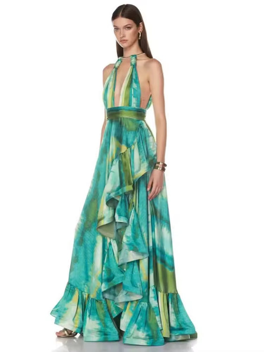 Halter Neck Hollow Out Printed Slim Long Dress