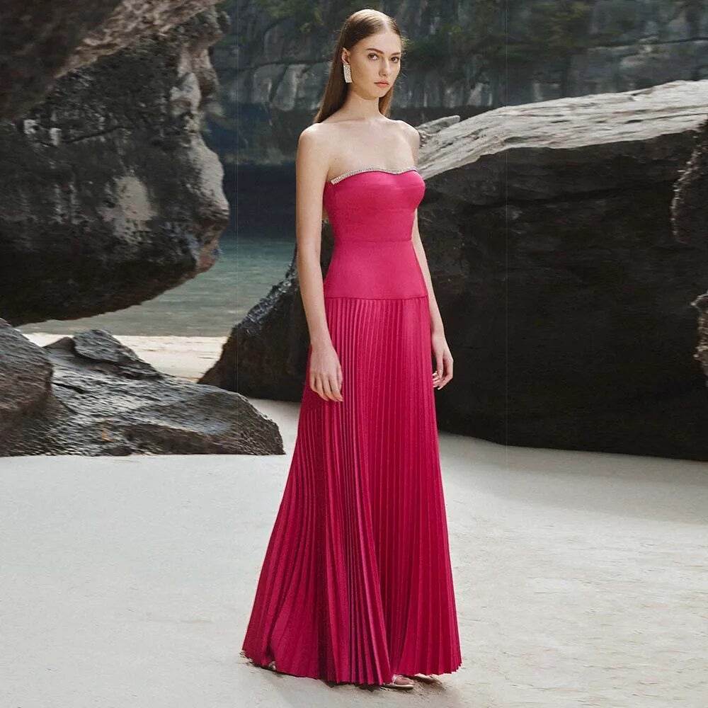 Rose Red Sexy Strapless Slim Fit Long Dress - REBECATHELABEL