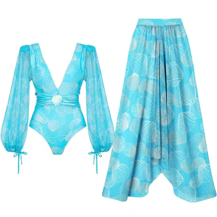 V Neck Shell Print Decor Long Sleeve One Piece Swimsuit and Skirt