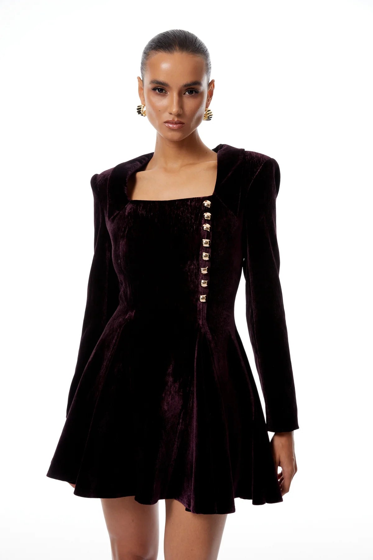 Aubergine Square Neck Velvet Mini Dress