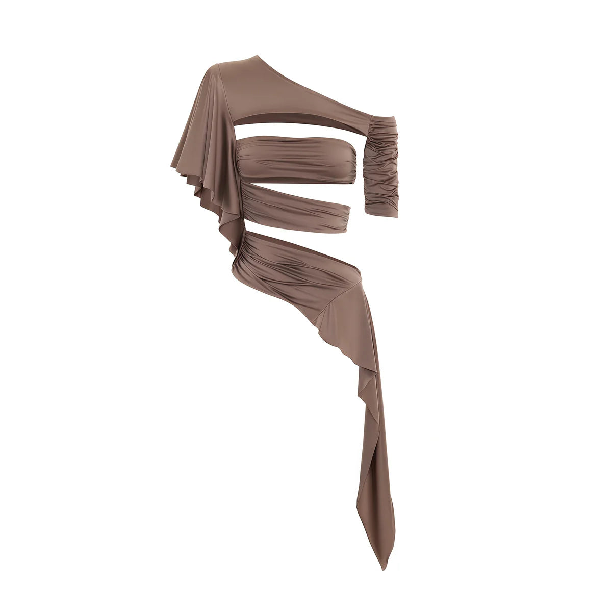 Brown Asymmetrical Cut Out Satin Top