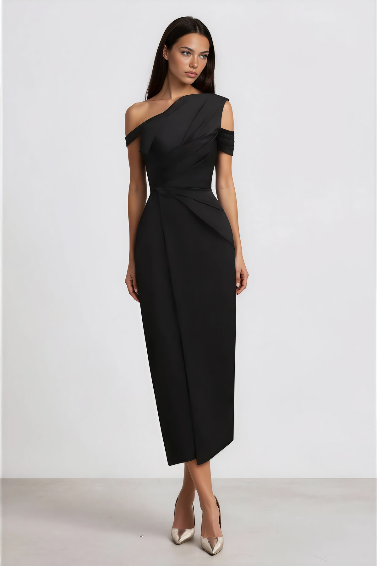 Black One Shoulder Asymmetrical Midi Dress
