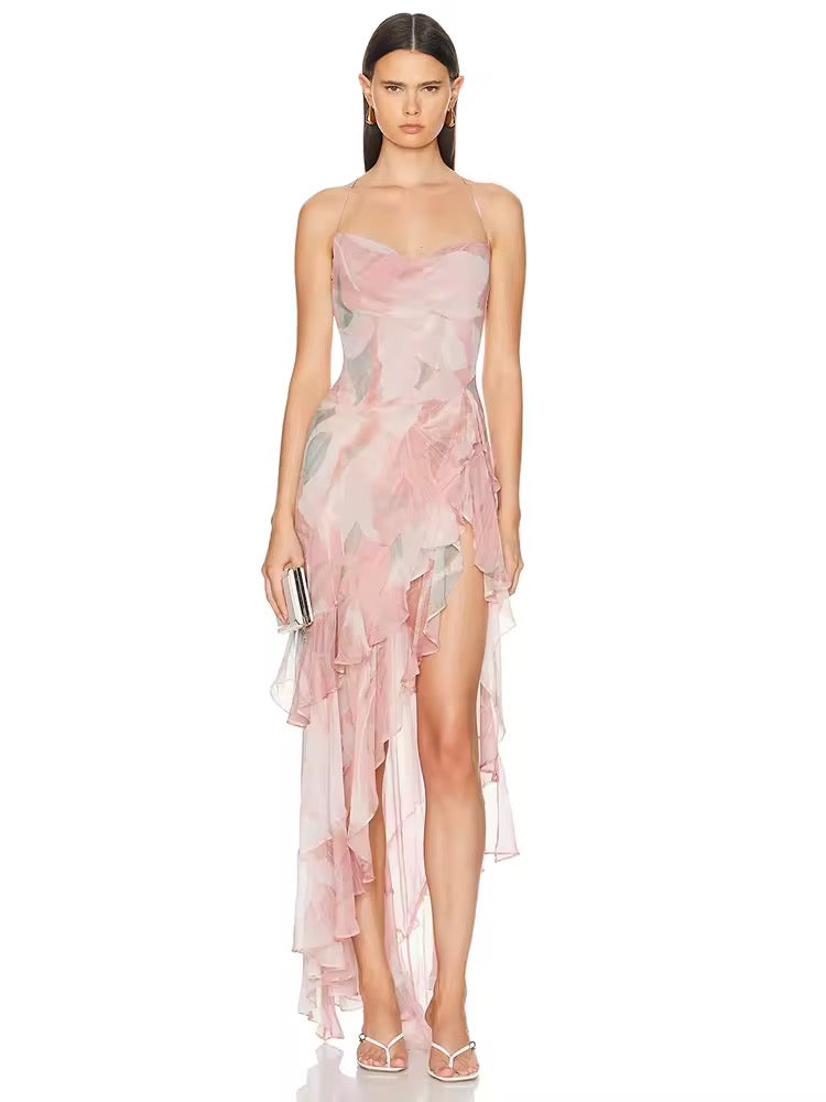 Pink Sleeveless Backless Spaghetti Strap Printed Ruffles Long Dress