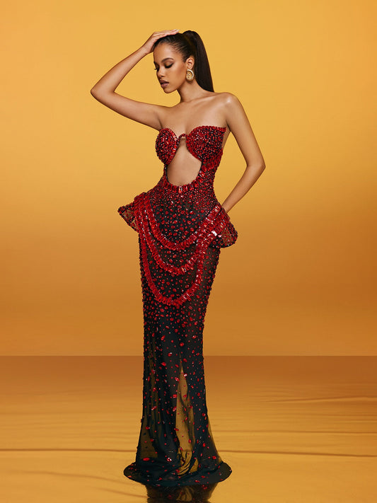 Strapless Cutout Crystal Maxi Dress In Wine