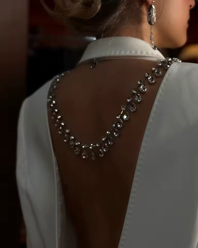 Diamond Backless Blazer Sequin See Through Lace Skirt set