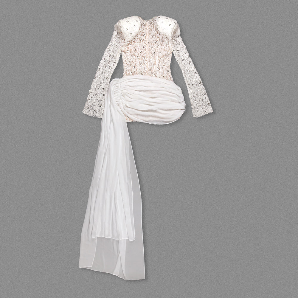 Round Neck Long Sleeve Ribbon Slim Heavy Hand Nail Drill Dress