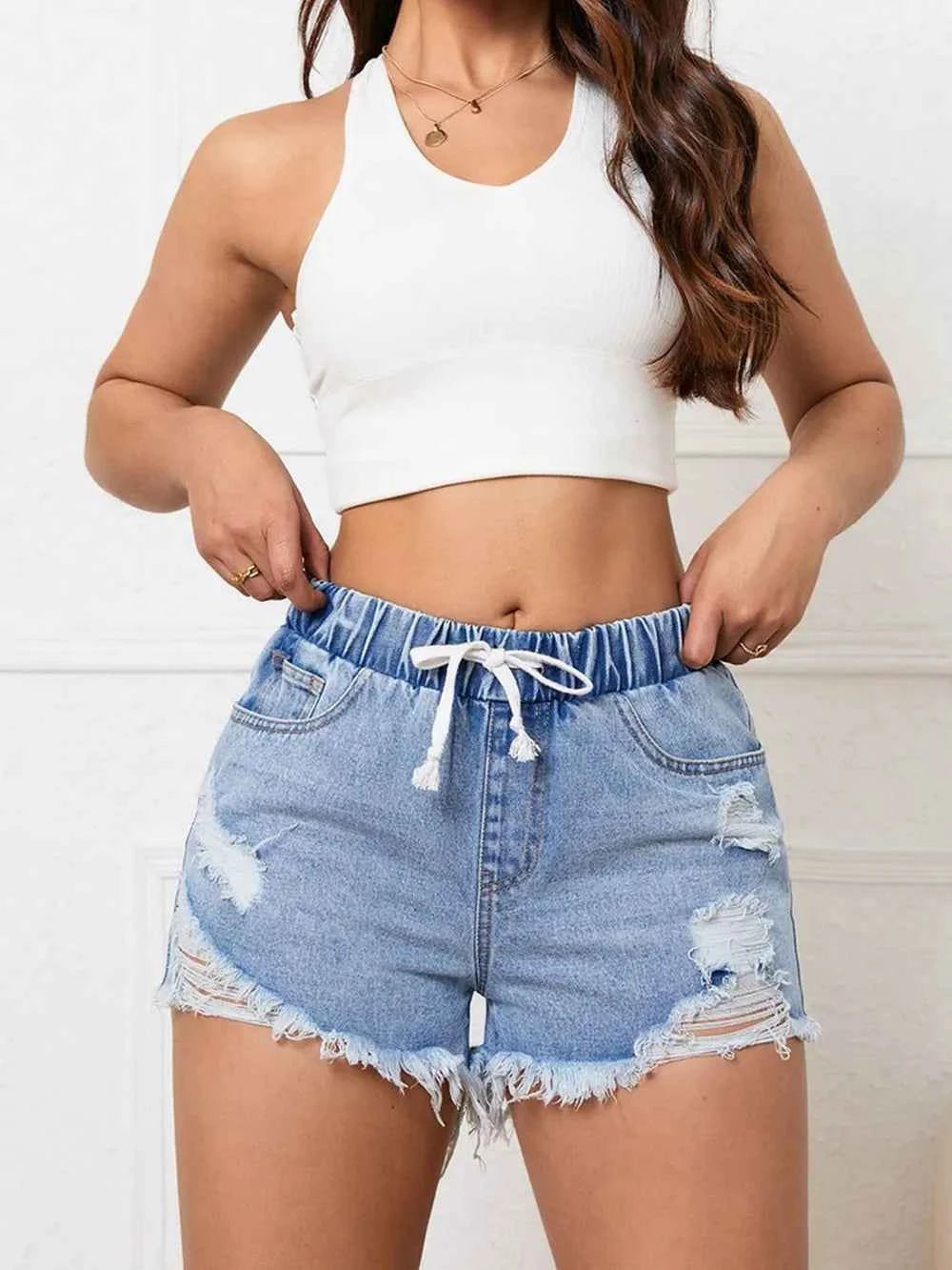 Distressed Drawstring Raw Hem Denim Shorts