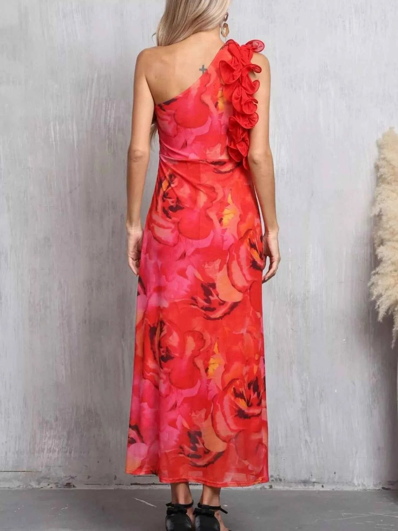 Floral Print One Shoulder Ruffle Trim Dress