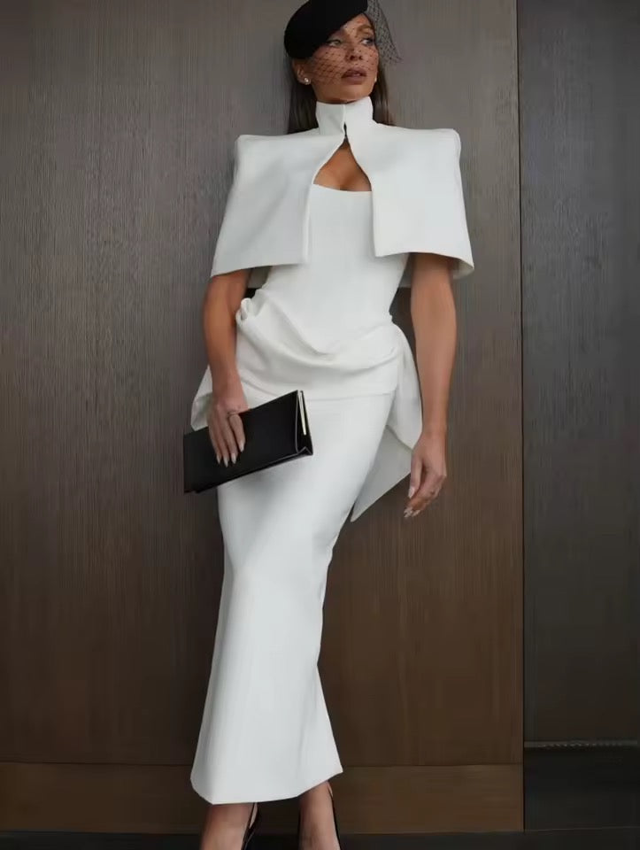 White Structured Cape & Corset Dress Set