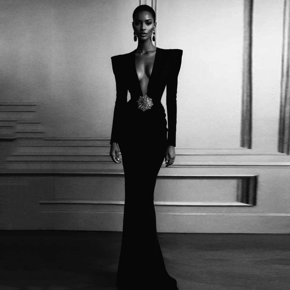 V-neck Long sleeved Diamond Black Tight Moxi Dress - REBECATHELABEL