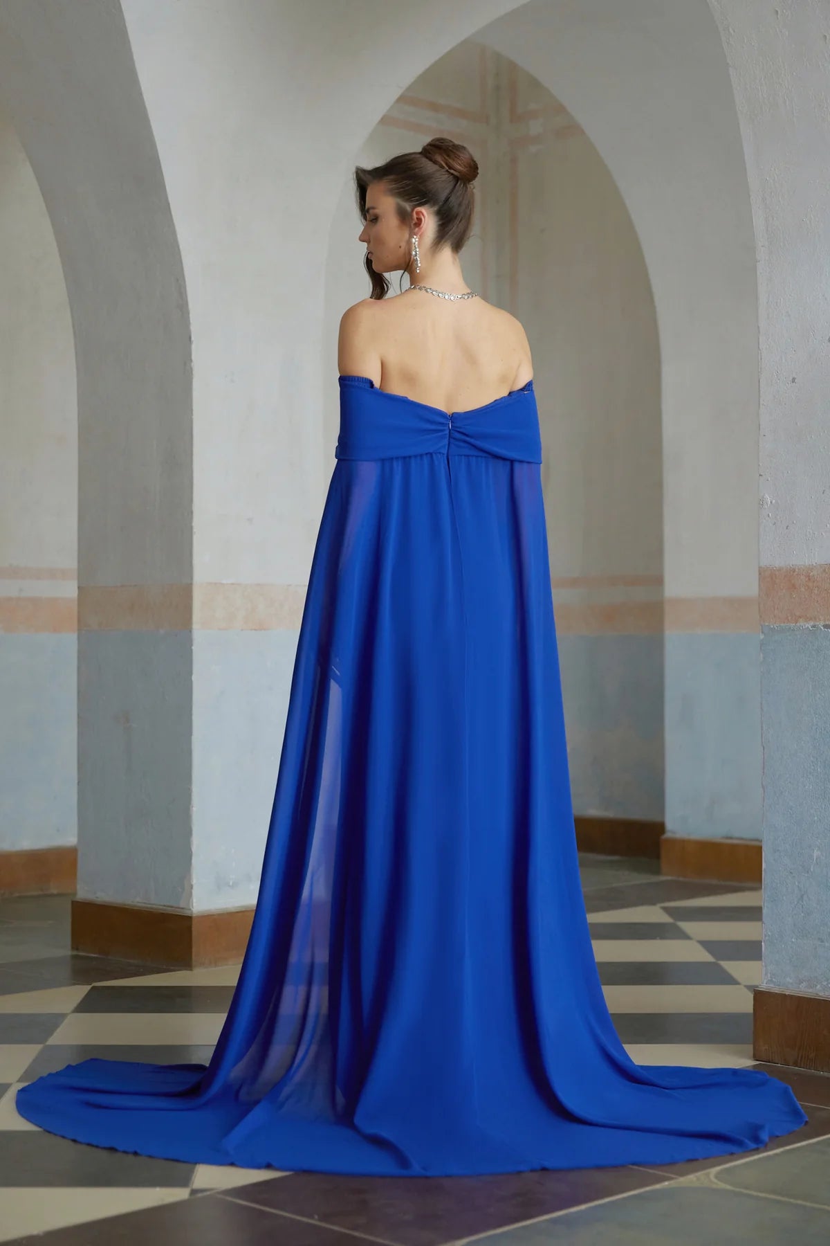 Blue Cape Design Ruched Maxi Gown