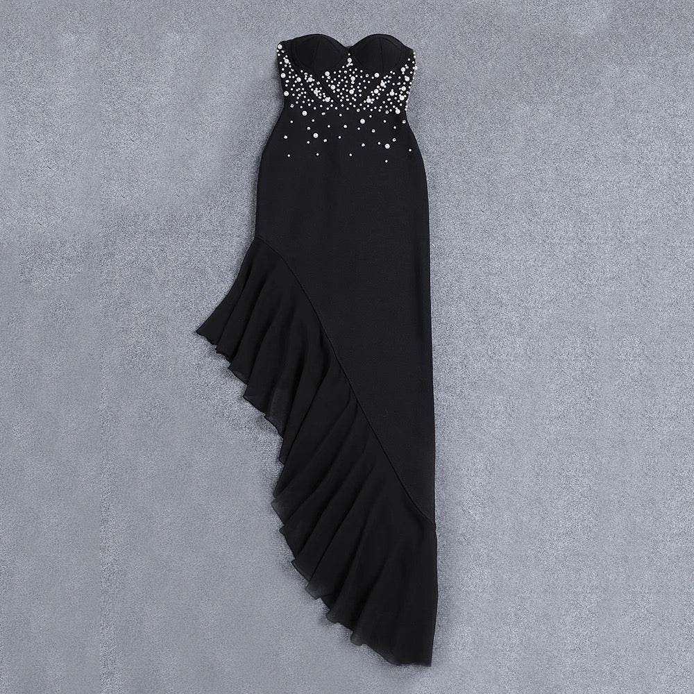 Unique Diamond Asymmetric Ruffle Edge Mesh Strapless dress - REBECATHELABEL