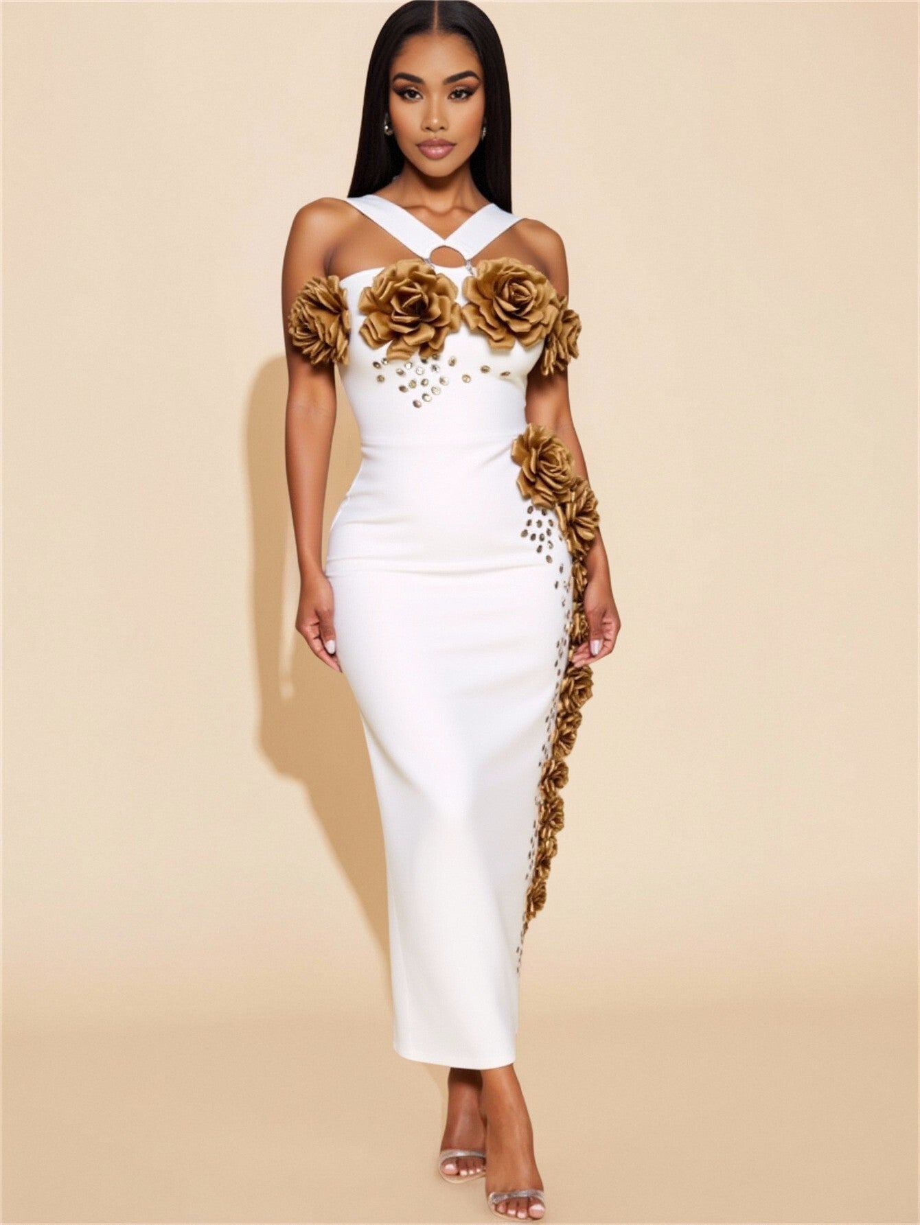 Halter Shinning Crystal Florals Bodycon Long Bandage Dress