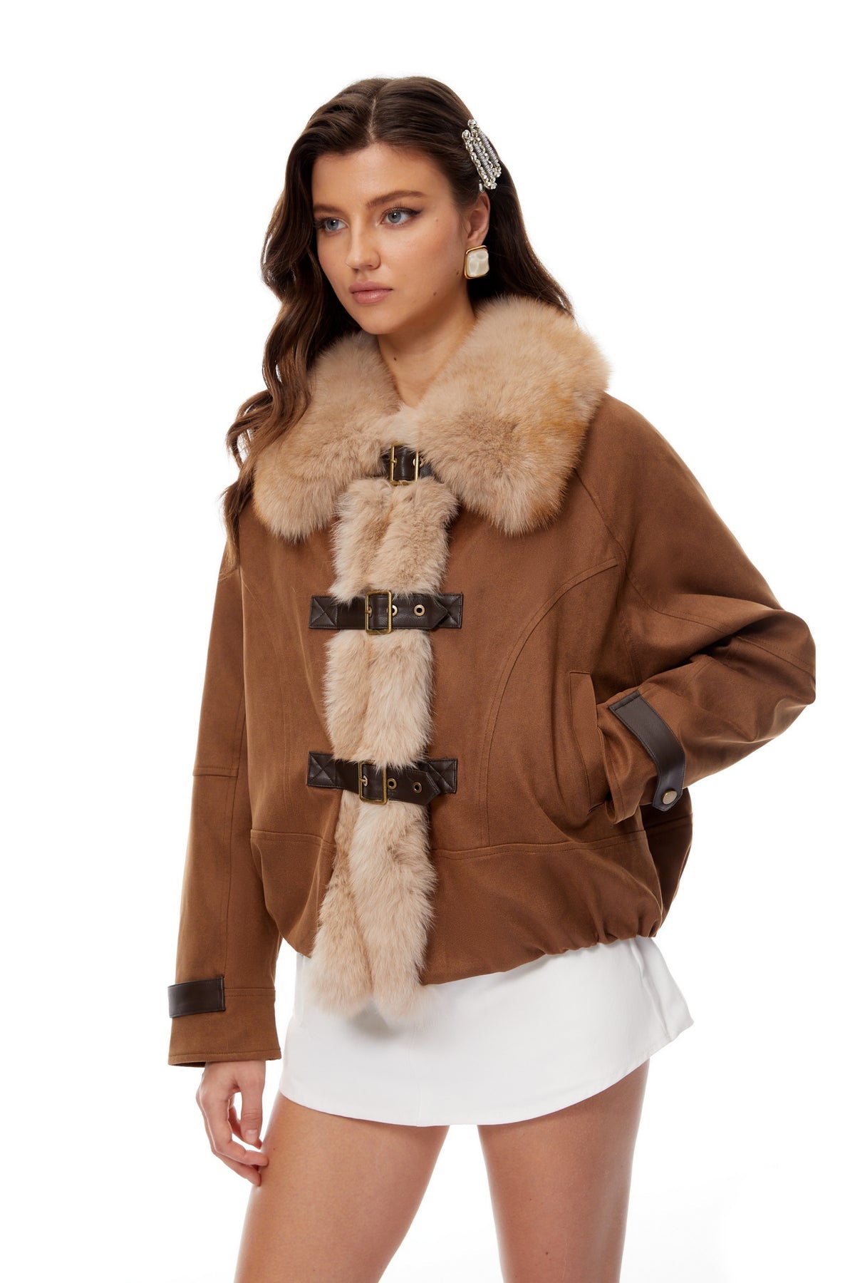 Camel Brown Fur Panel Padded Jacket
