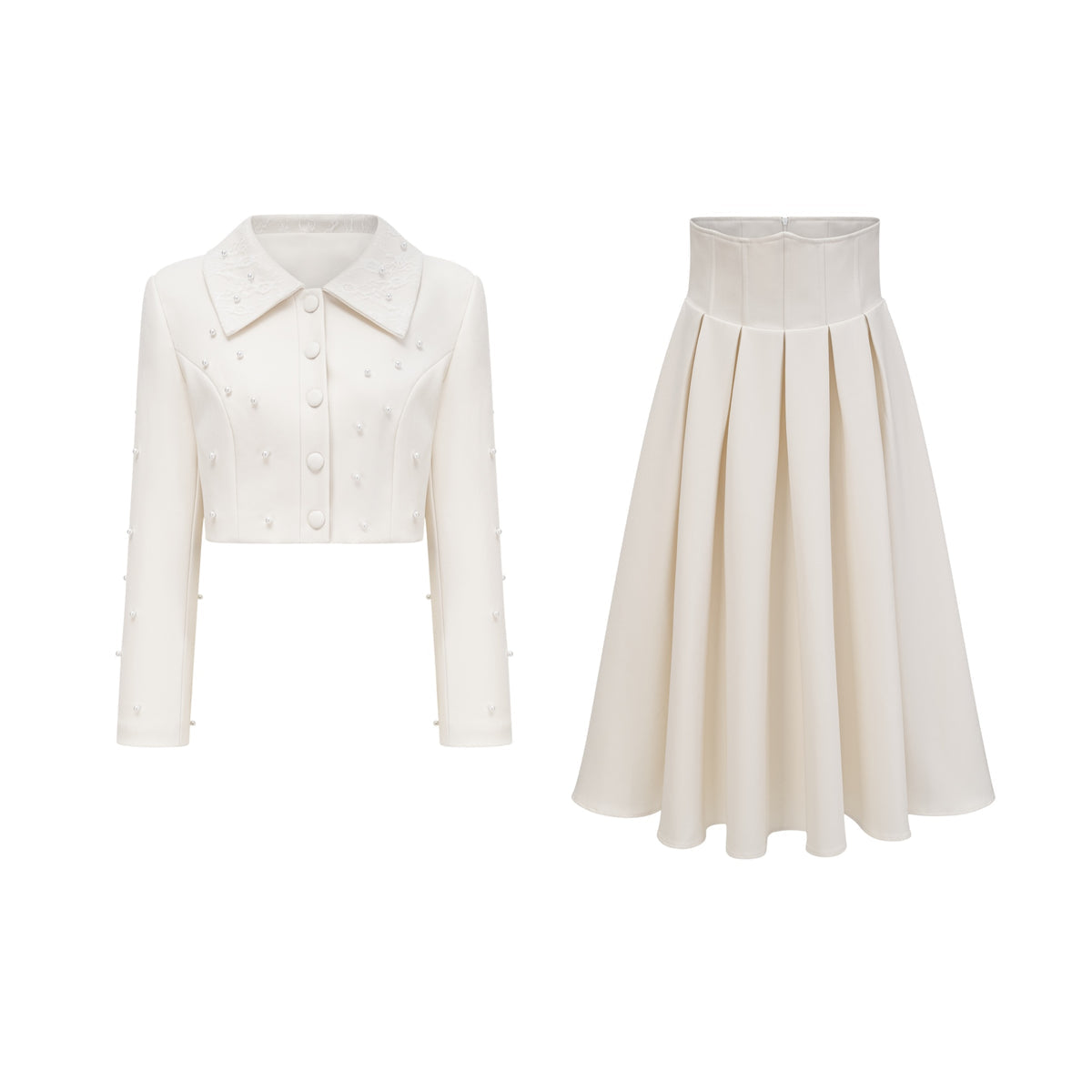 White Faux Pearl Jacket & Pleated Skirt Set