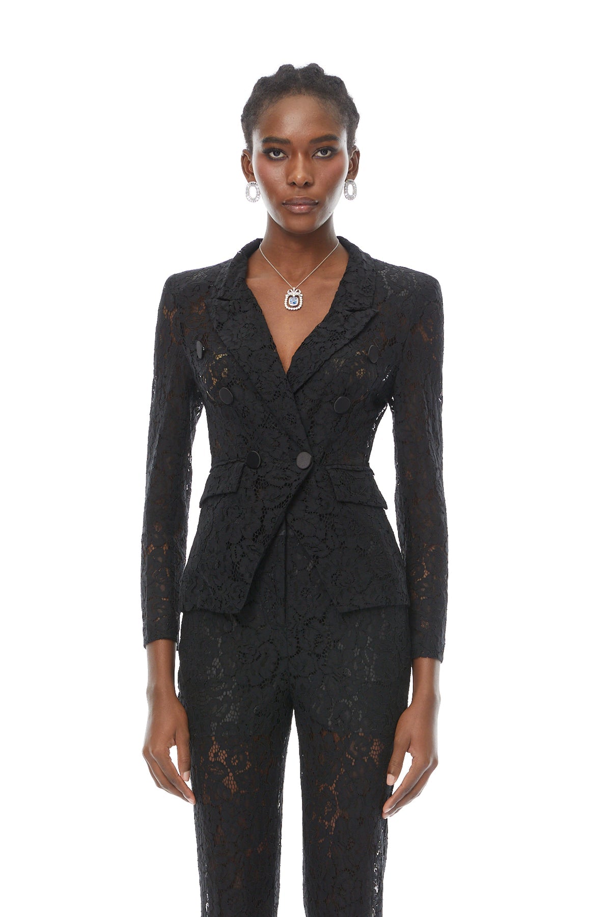 Black Sheer Lace Blazer & Trousers Matching Set