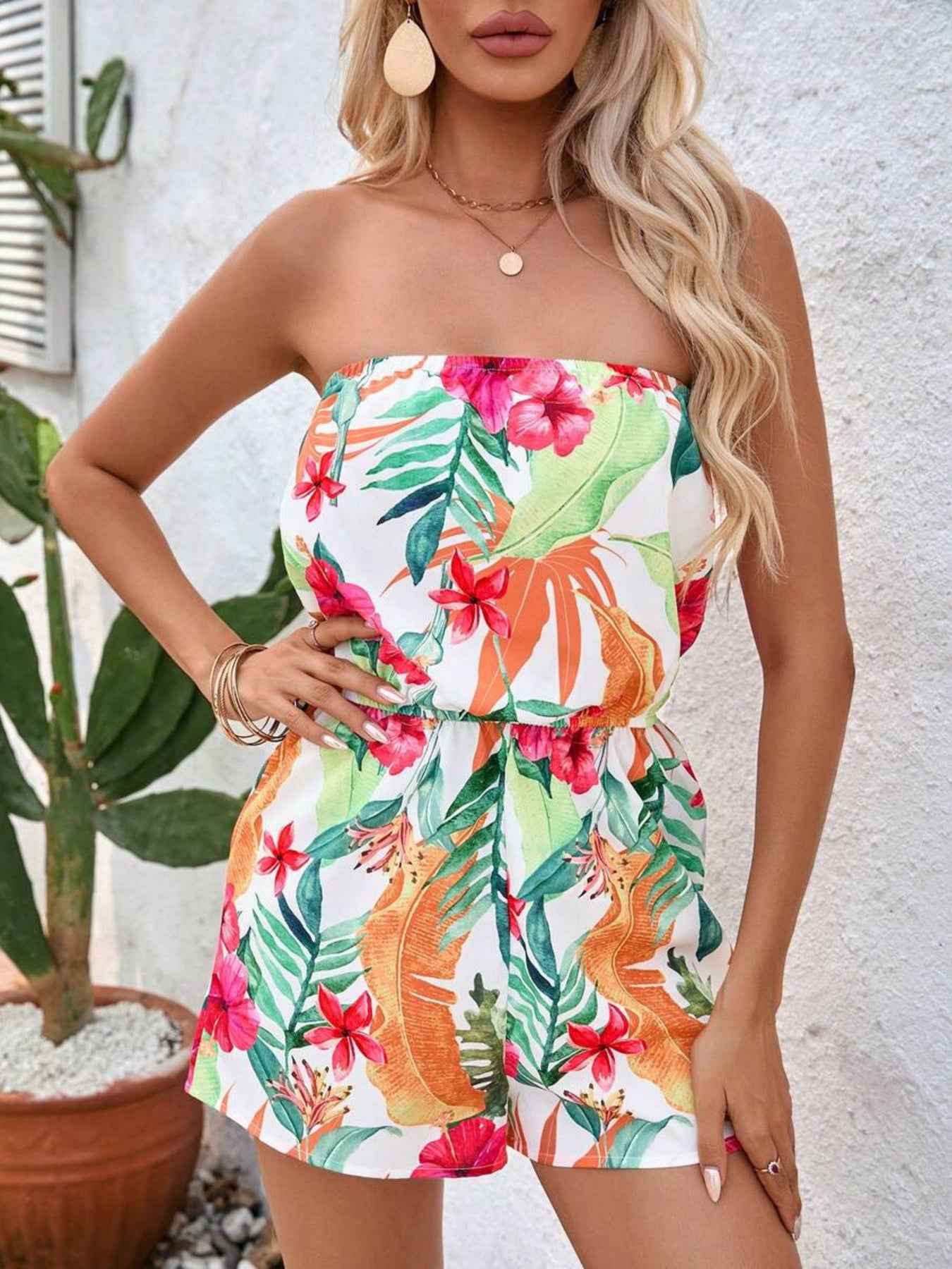 Tropical Print Strapless Elastic Waist Romper