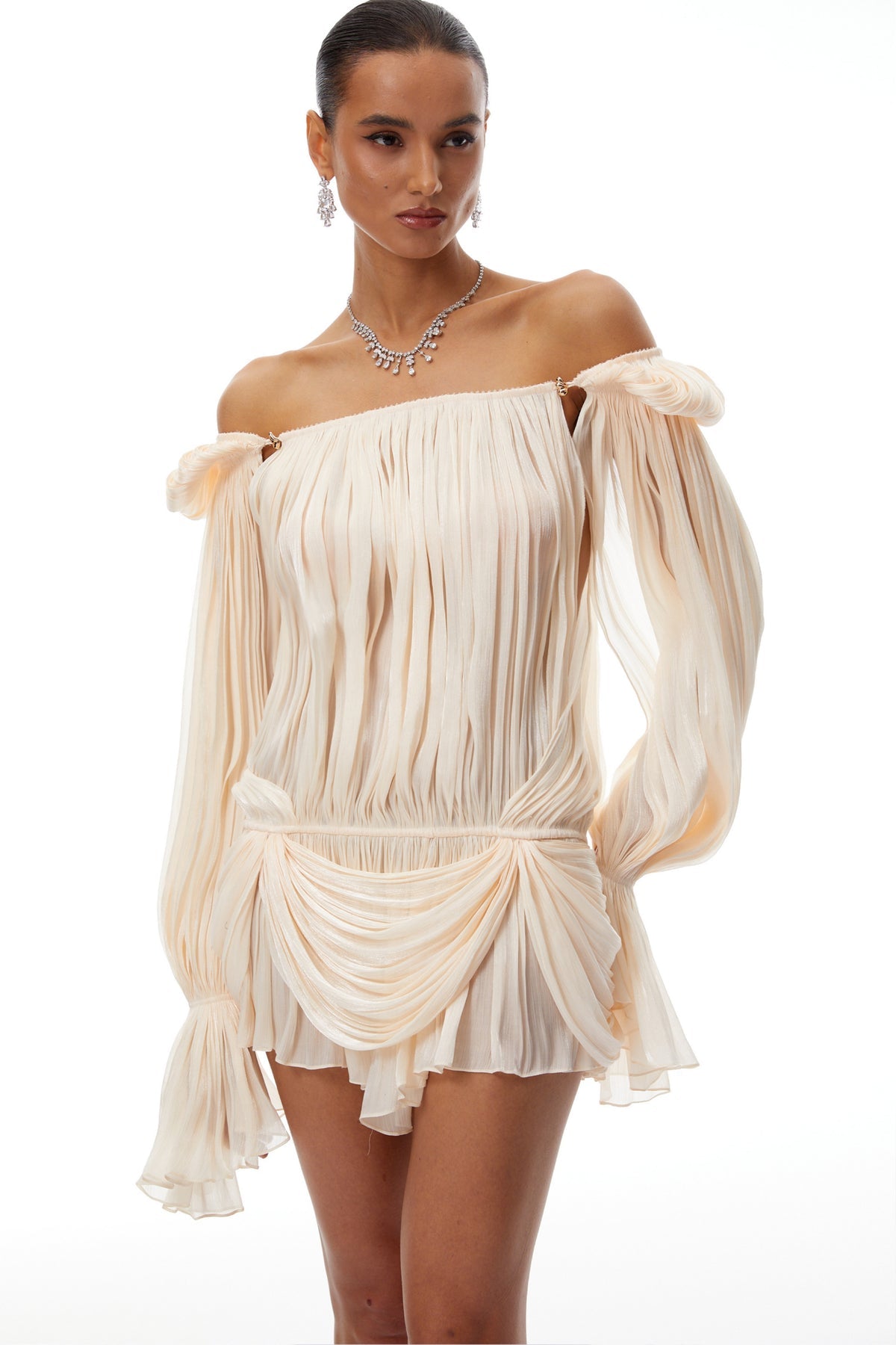 Neutrals Fully Pleated Ruffled Mini Dress