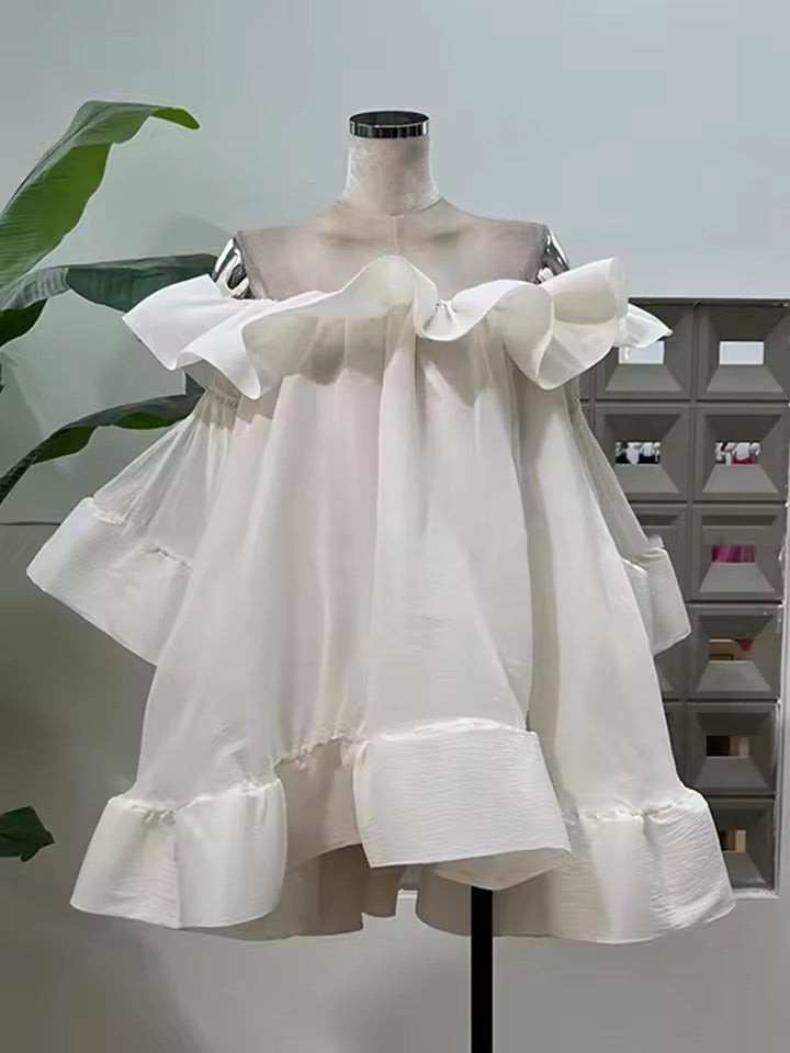 Off The Shoulder Sleeve Metal Buckle Patchwork Mini Dress