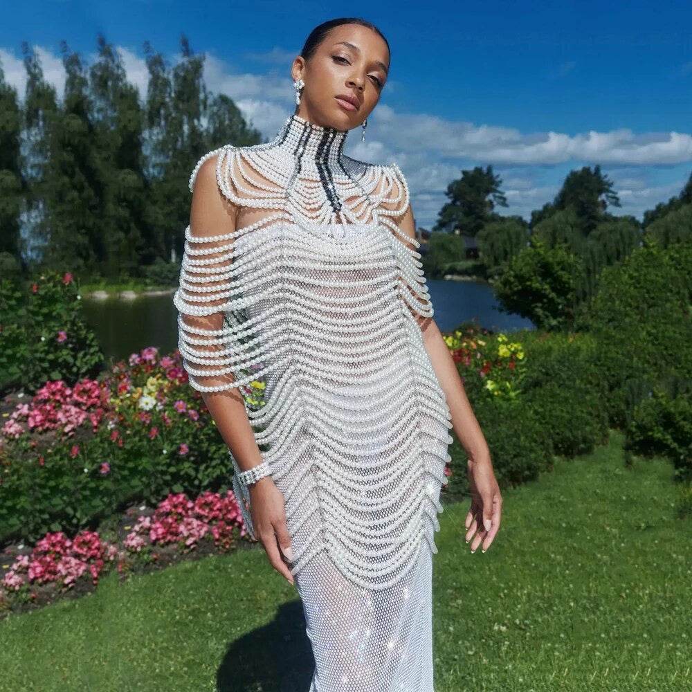 White Black Pearl Beaded Cloak Sexy Slim Fit Mini Dress - REBECATHELABEL