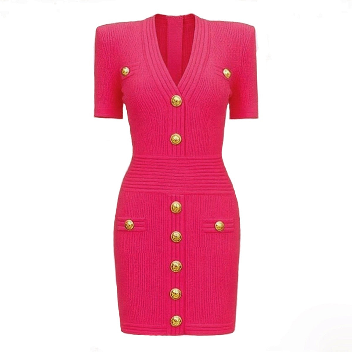 V-Neck Knitted Short Skirt With Rivet Buckle Short Sleeved dress