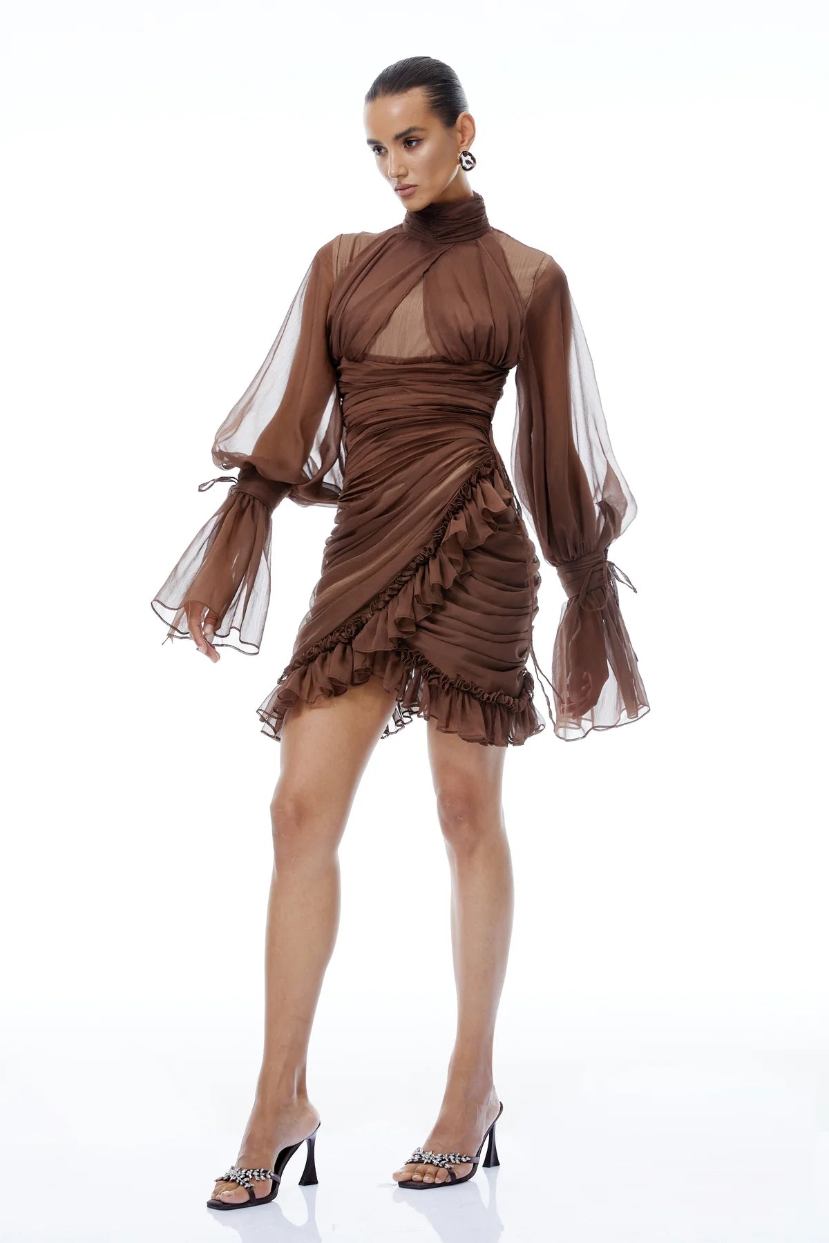 Brown Ruched Tulle Mini Dress