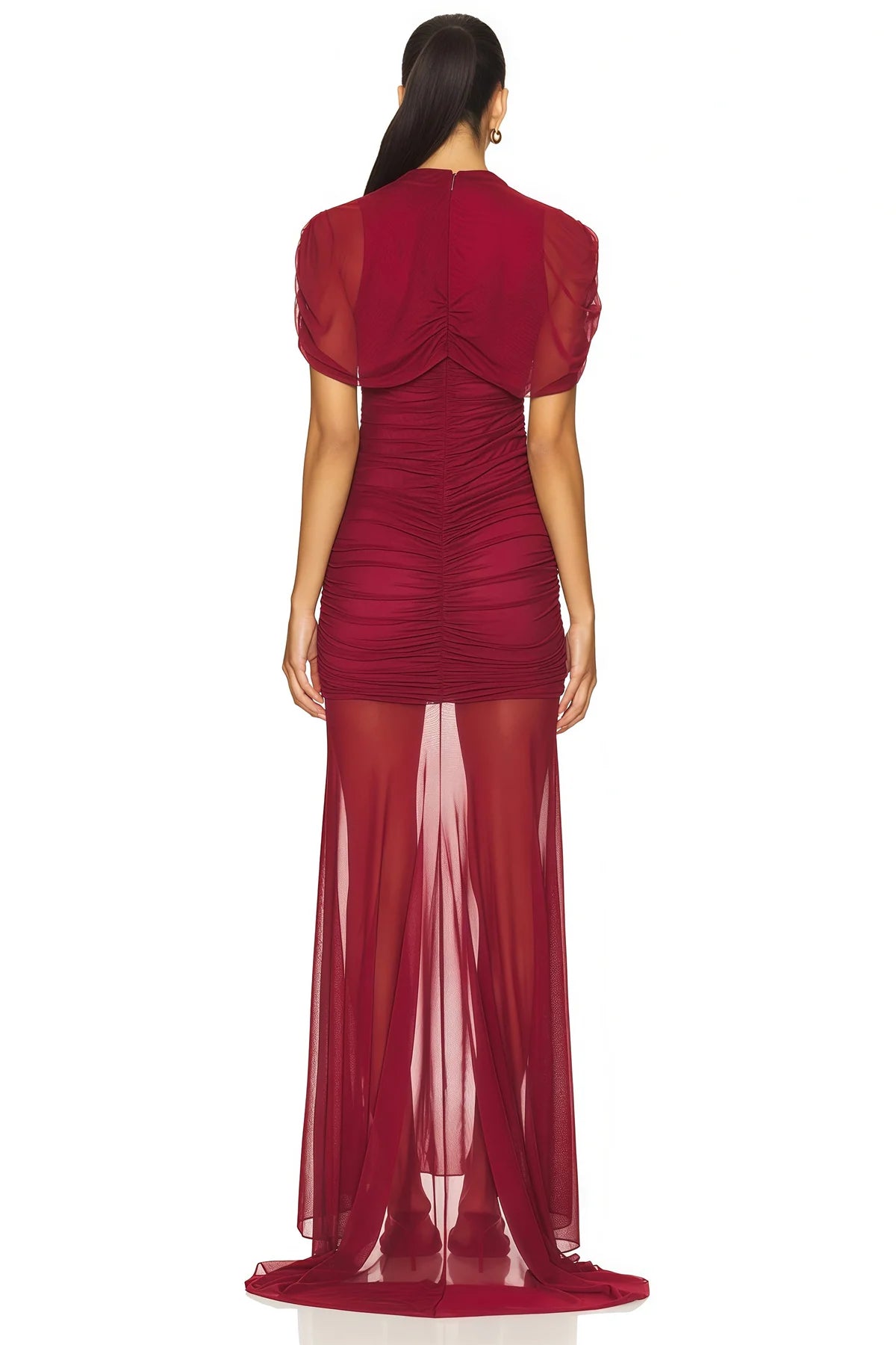 Red Asymmetrical Ruched Mesh Maxi Dress