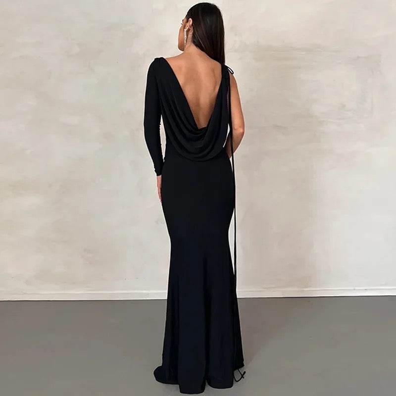 One Shoulder Backless Maxi Dress In Black - REBECATHELABEL