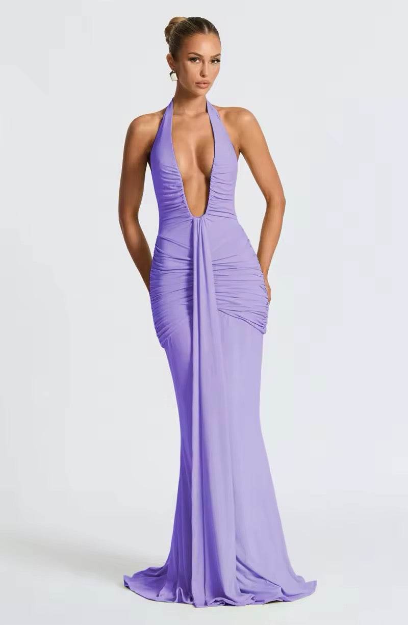 Deep V Neck Backless Ruched Sexy Maxi Dress - REBECATHELABEL