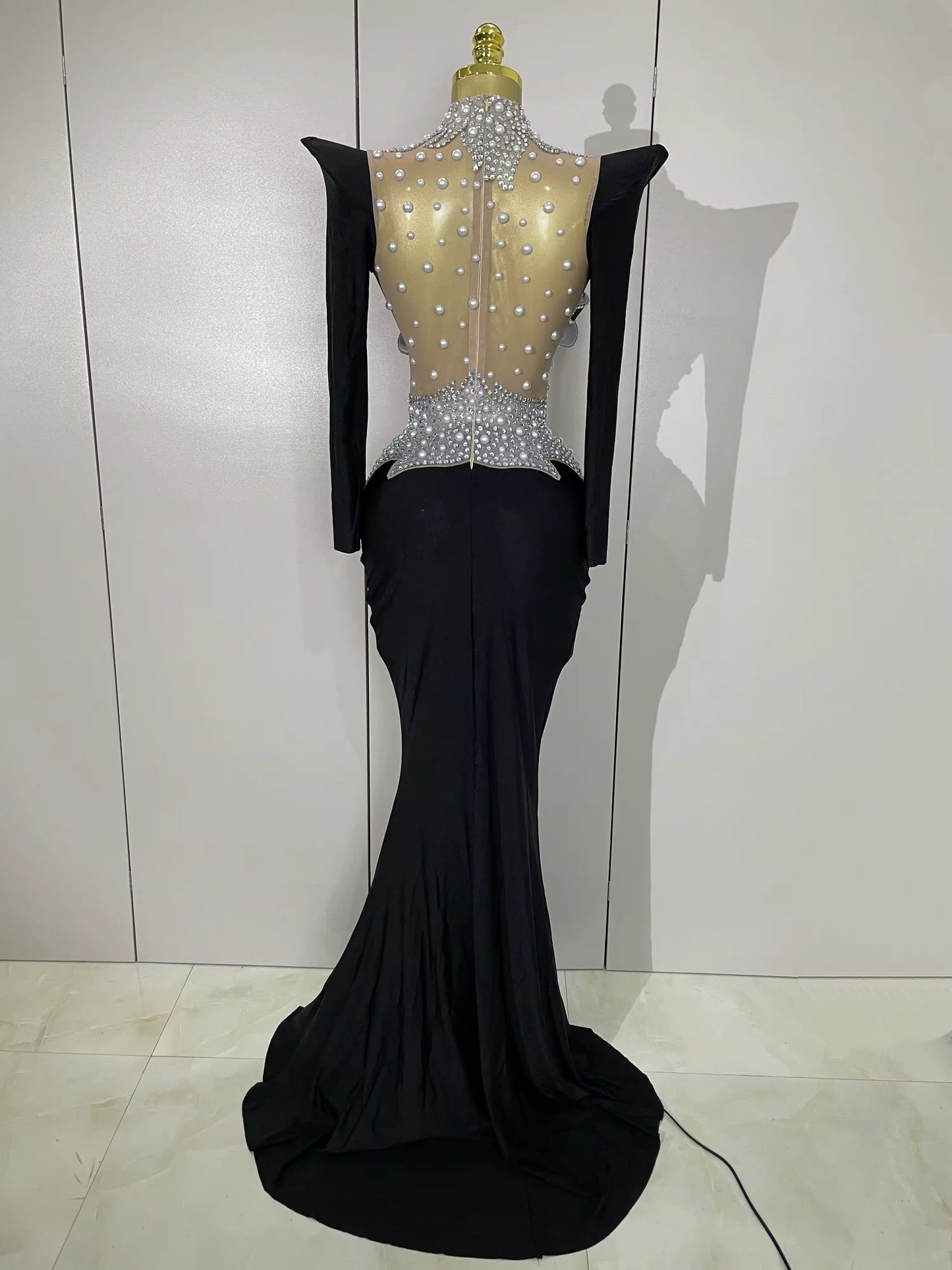 Sparkly Diamonds Pearl Black Sexy See Through Mesh Long Dress
